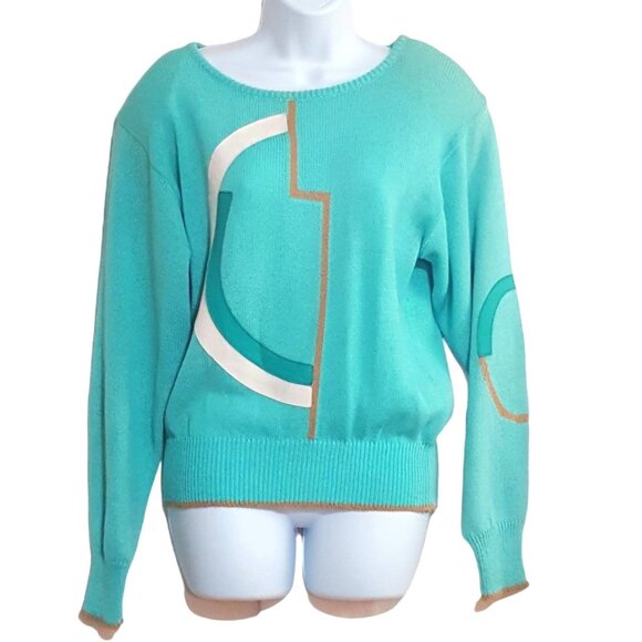 Vintage 80s Jaymee Papell Womens Pull Over Sweater Leather Trim Blue Long Sleeve - Picture 2 of 8